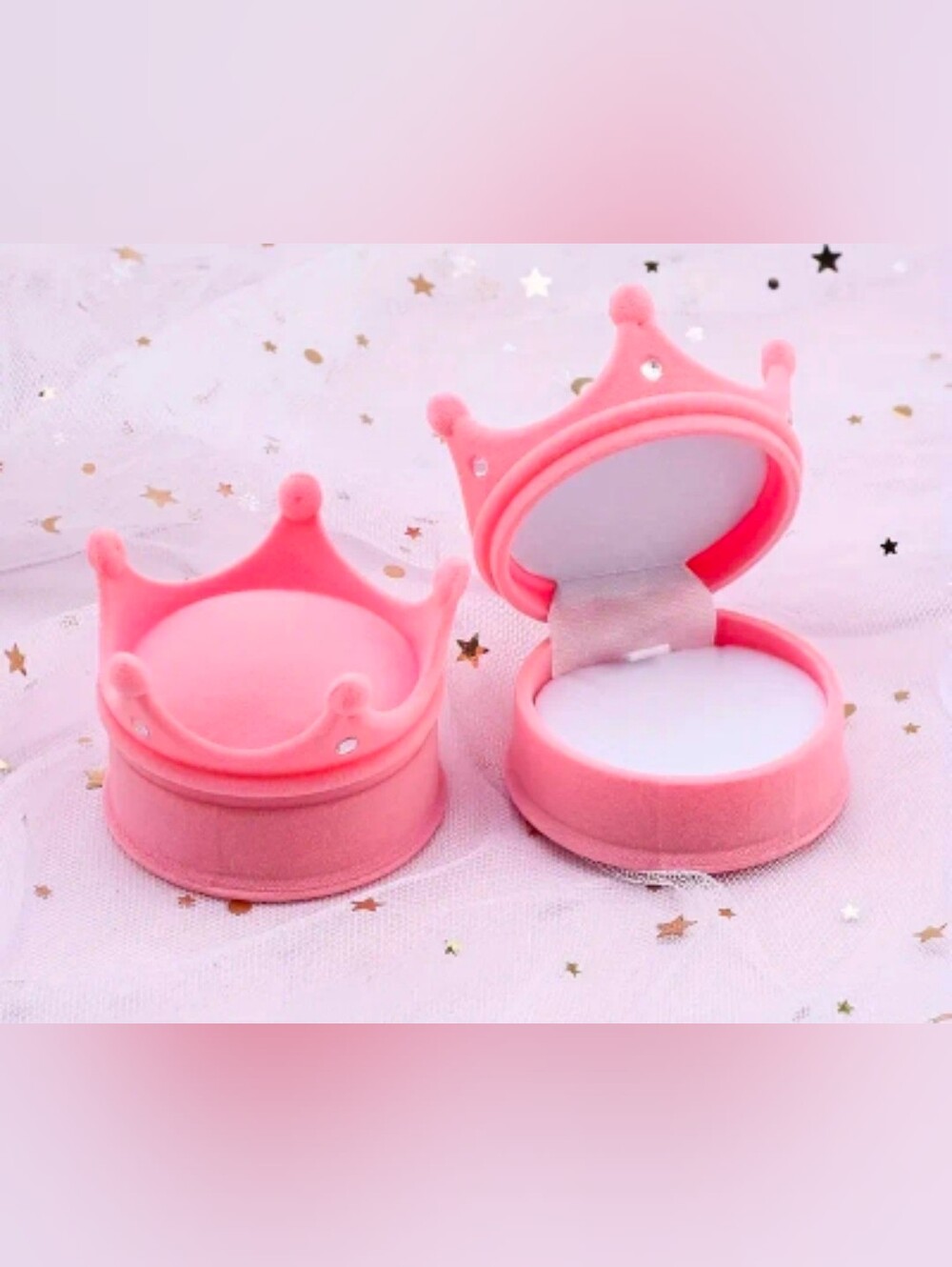 Velvet Crown Ring Box Rhinestone Princess Jewelry Case, PINK NIB